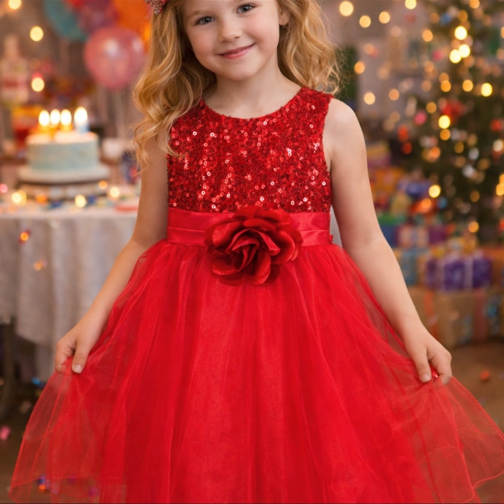 Red Sequin Tulle Dress with Rose Sash